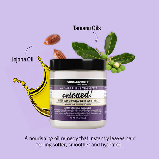 Aunt Jackie's 'rescued!' conditioner jar with Tamanu Oil and Jojoba Oil graphics on a purple background