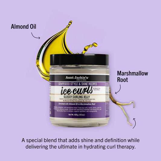 Jar of Aunt Jackie's Ice Curls with almond oil and marshmallow root graphics on a purple background