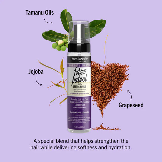 A bottle of hair product with ingredients labeled on a purple background