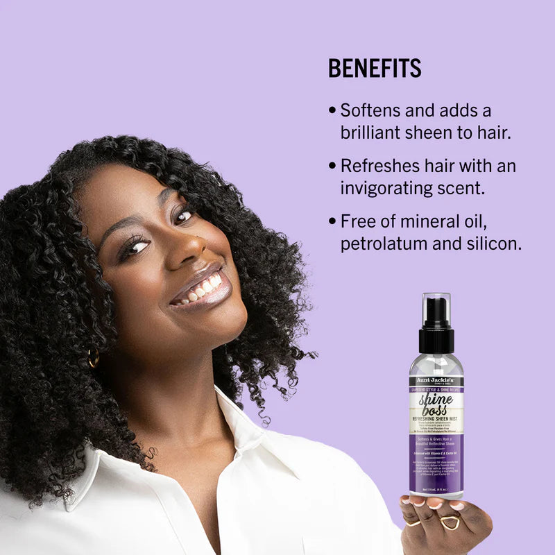 Woman holding a bottle of hair product with benefits listed on a purple background