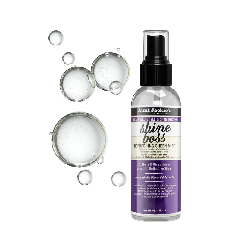 Aunt Jackie's Shine Boss refreshing sheen mist bottle with bubbles on a white background