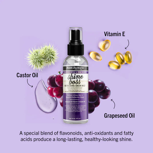 Bottle of 'Shine Boss' hair product with ingredients like castor oil, vitamin E, and grapeseed oil on a purple background.