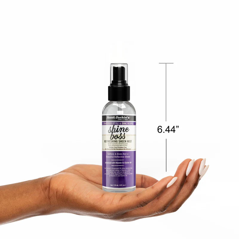 Bottle of 'Shine Boss' product held in a hand with dimensions displayed.
