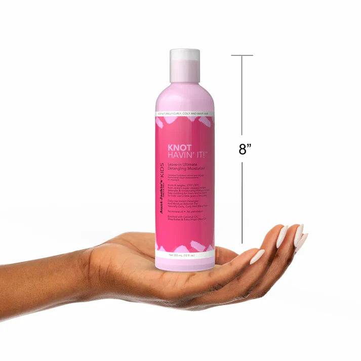 Pink bottle of 'Knot havin' it' product held in a hand with a white background