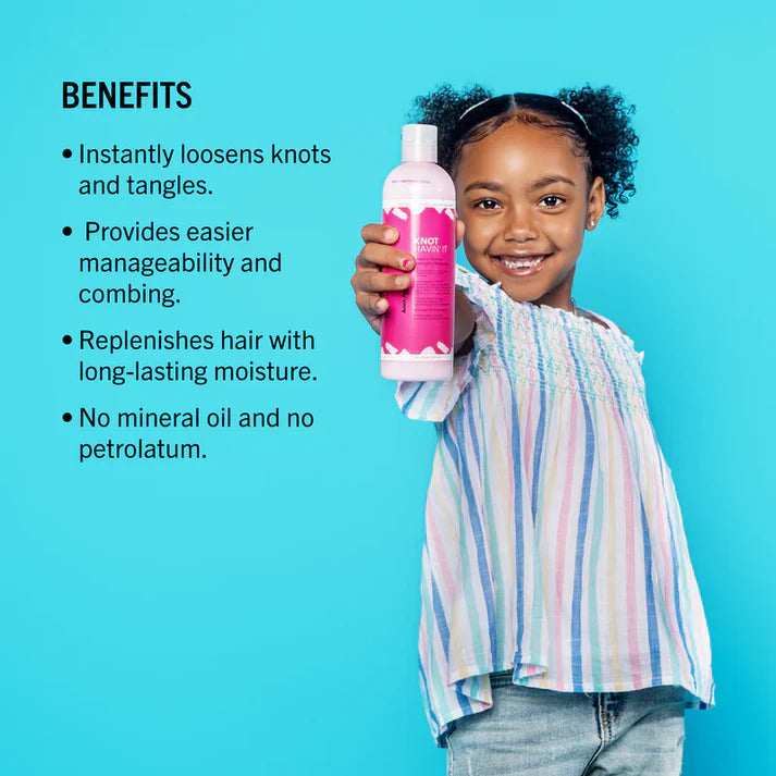 Child holding a pink bottle with benefits listed on a blue background