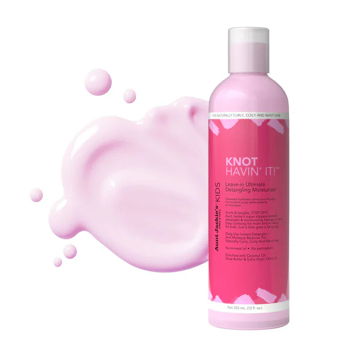 Pink bottle of 'Knot Havin' It' product with pink foam on a white background