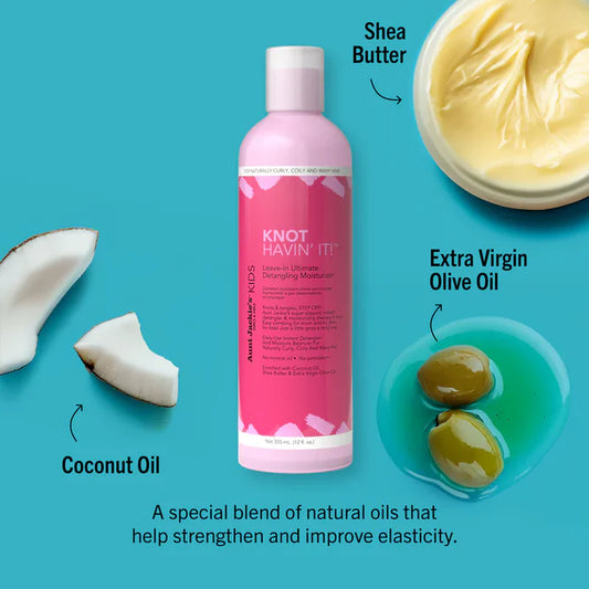 Pink bottle of hair product with coconut, olive, and shea butter elements on a blue background