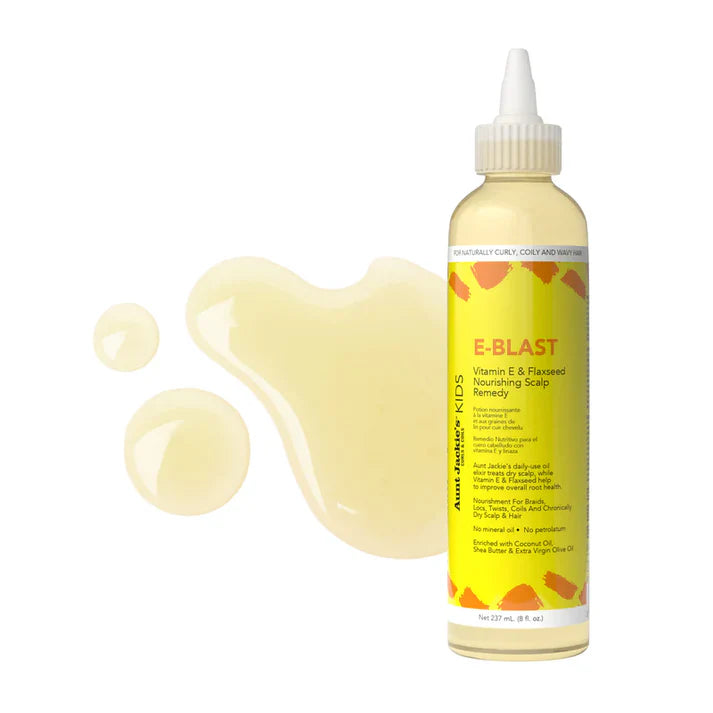Bottle of 'E-Blast' hair product with a yellow label on a white background