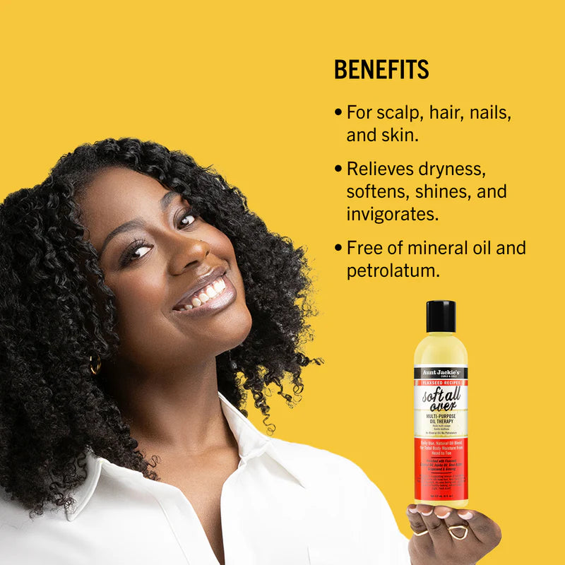 Woman with curly hair holding a bottle of hair product against a yellow background with text listing benefits.