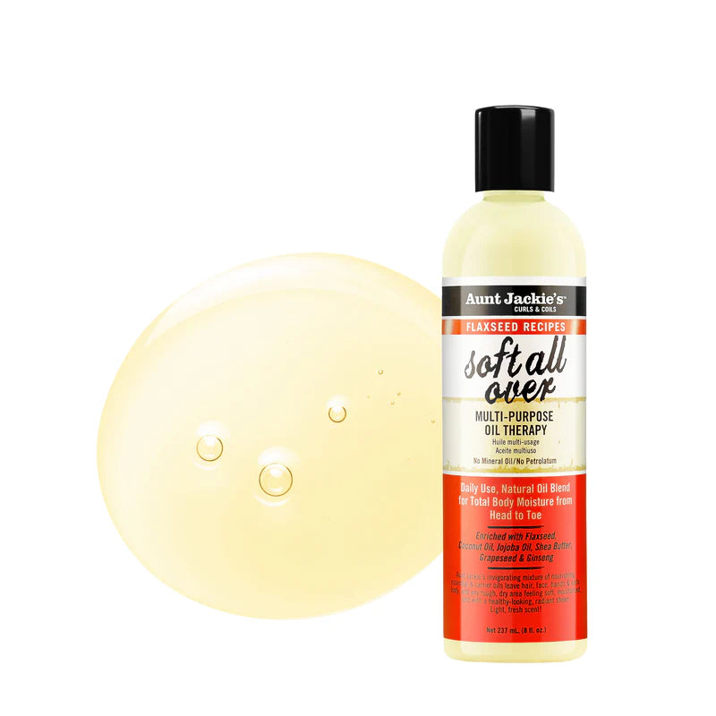 Aunt Jackie's Soft All Over multi-purpose oil therapy bottle on a white background
