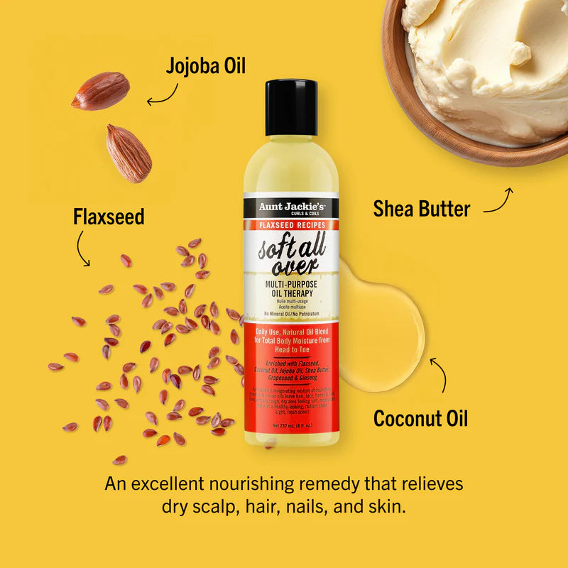 Aunt Jackie's Soft & Smooth oil bottle with ingredients on a yellow background