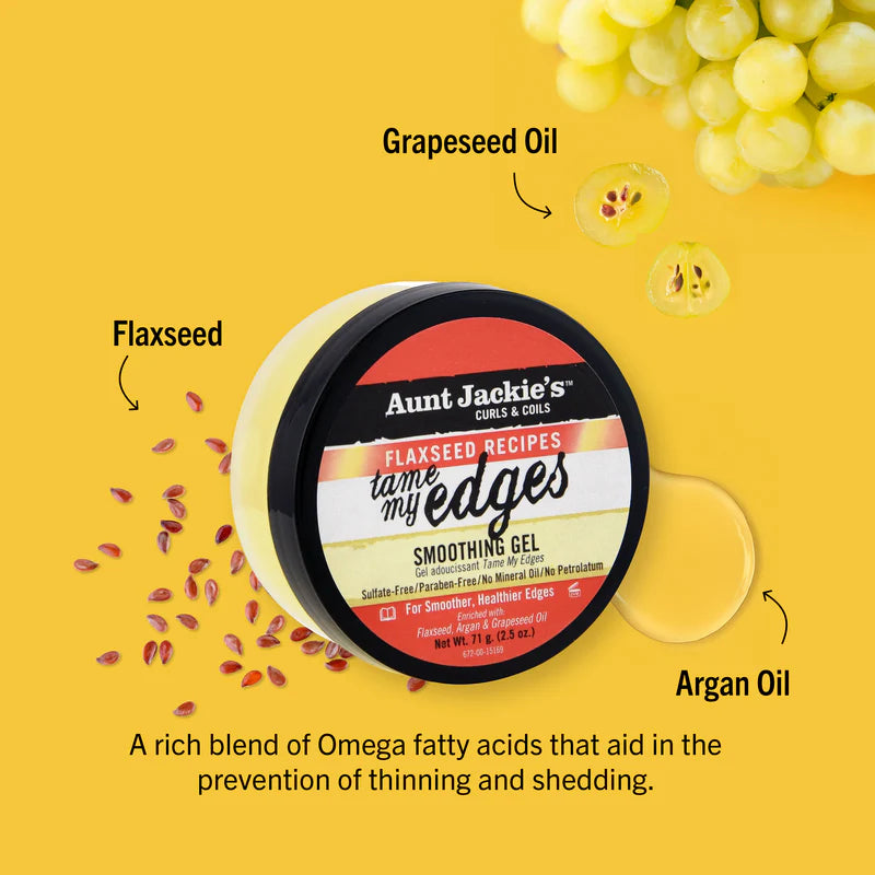 Aunt Jackie's Flaxseed Recipes smoothing gel with ingredients on a yellow background