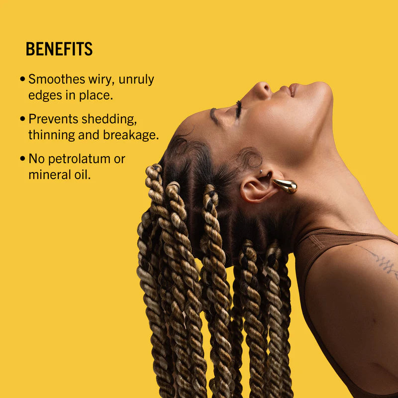 Person with styled hair against a yellow background with text about hair product benefits.