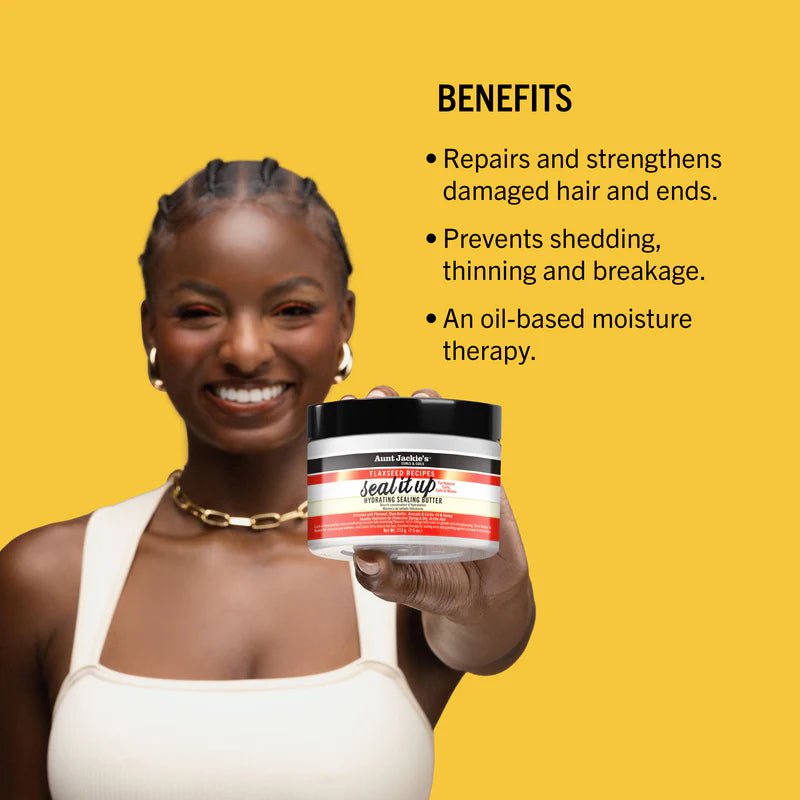 Woman holding a hair care product with benefits listed on a yellow background