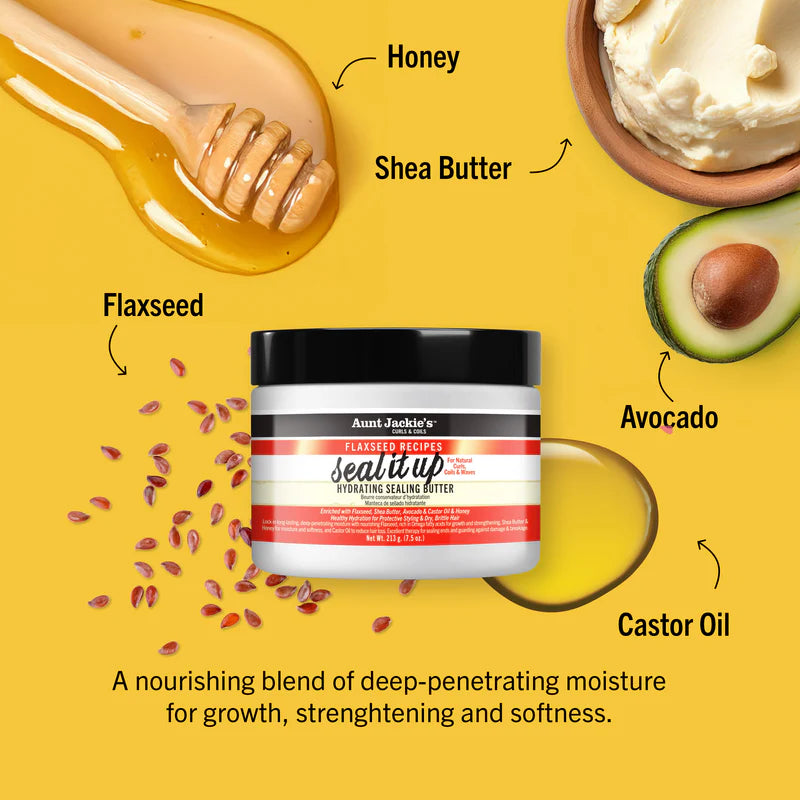 A jar of Aunt Jackie's seal up hydrating sealing butter with honey, shea butter, flaxseed, avocado, and castor oil around it on a yellow background.