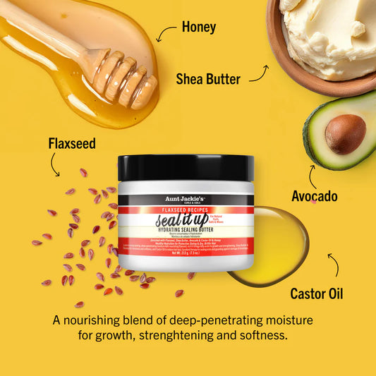A jar of Aunt Jackie's seal up hydrating sealing butter with honey, shea butter, flaxseed, avocado, and castor oil around it on a yellow background.
