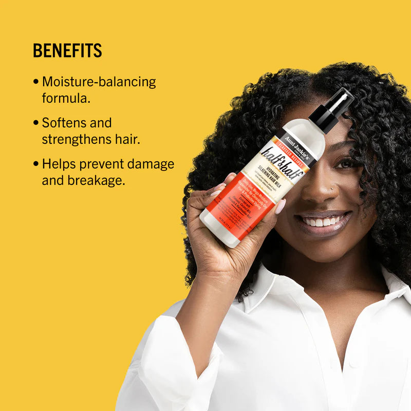 Woman holding a bottle of hair care product with benefits listed on a yellow background