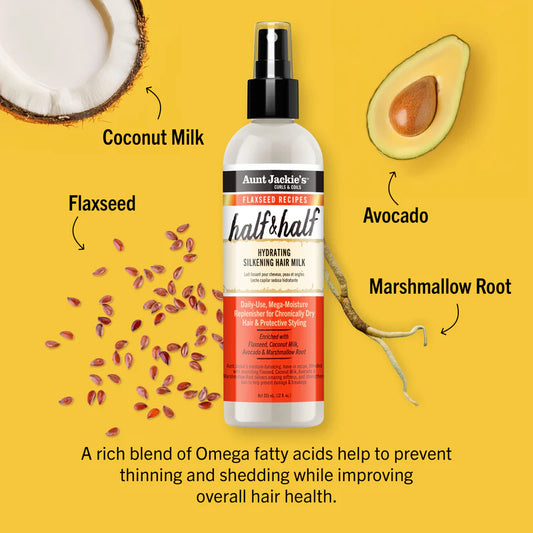 Aunt Jackie's hair milk bottle with ingredients like coconut milk, flaxseed, avocado, and marshmallow root on a yellow background.