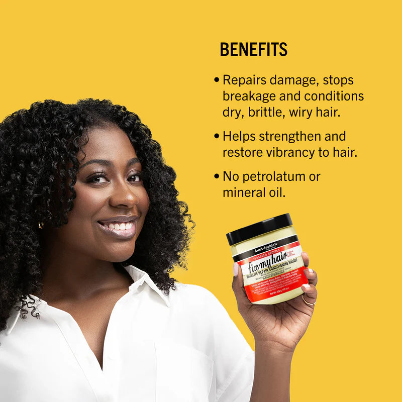 Woman holding a jar of hair product with benefits listed on a yellow background
