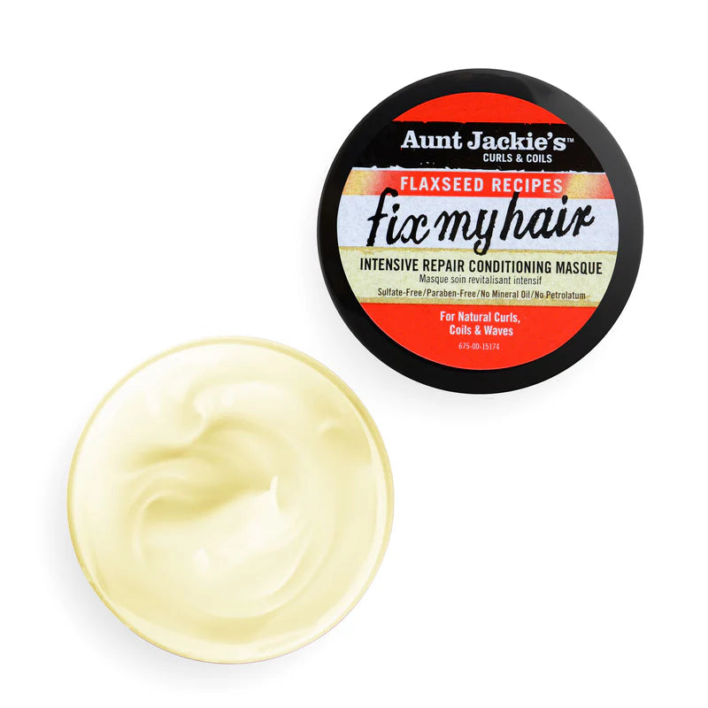 Aunt Jackie's Flaxseed Recipes Fix My Hair product with a sample of the cream on a white background
