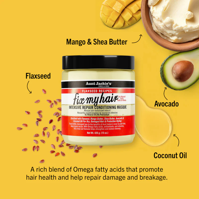 Aunt Jackie's Fia My Hair product with ingredients like mango, shea butter, flaxseed, avocado, and coconut oil on a yellow background.