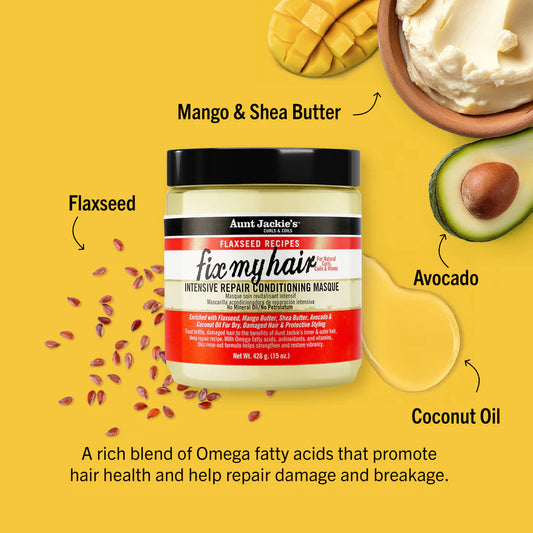 Aunt Jackie's Fia My Hair product with ingredients like mango, shea butter, flaxseed, avocado, and coconut oil on a yellow background.