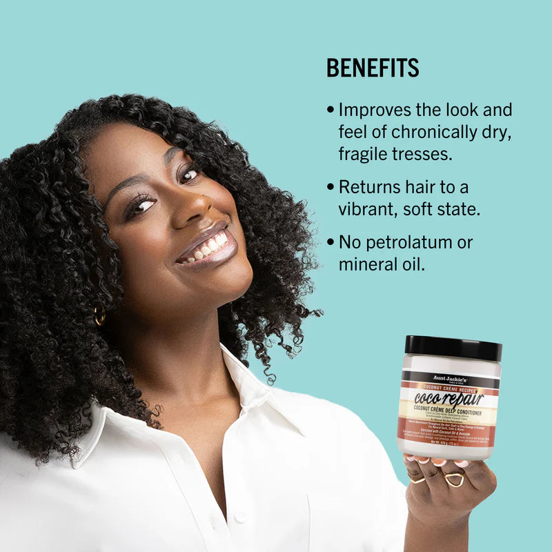 Woman holding a jar of hair product with text listing benefits on a teal background