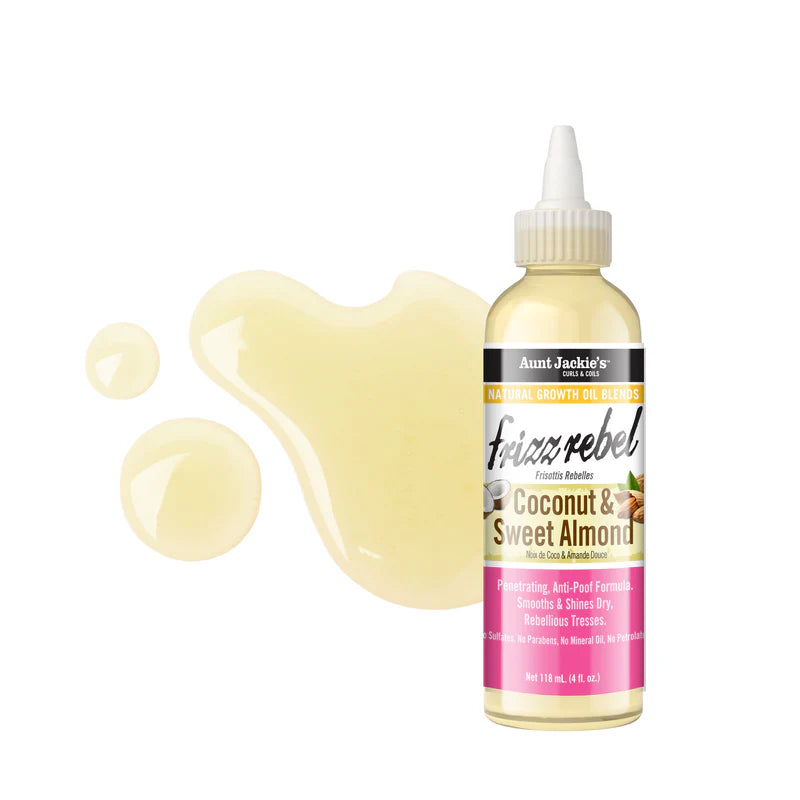 Bottle of Aunt Jackie's Frizz Rebel hair product with a white cap on a white background