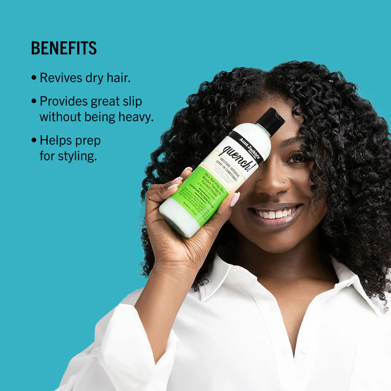 Woman holding a bottle of hair product with text listing benefits on a blue background