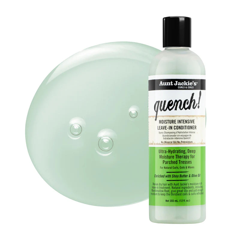 Aunt Jackie's 'Quench' moisture intensive leave-in conditioner bottle and gel on a white background