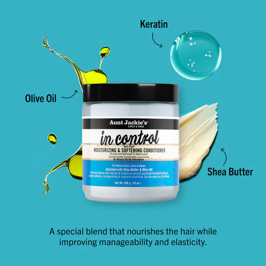 Aunt Jackie's in control conditioner jar with olive oil, keratin, and shea butter elements on a blue background.