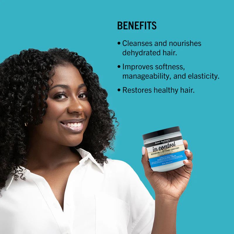 Woman holding a jar of hair care product with text listing benefits on a blue background