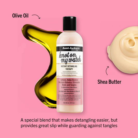 Aunt Jackie's product bottle with olive oil and shea butter on a pink background