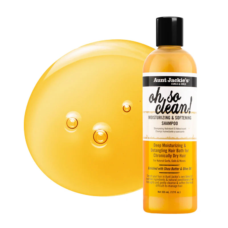 Aunt Jackie's oh so clean shampoo bottle and yellow bar of soap on a white background