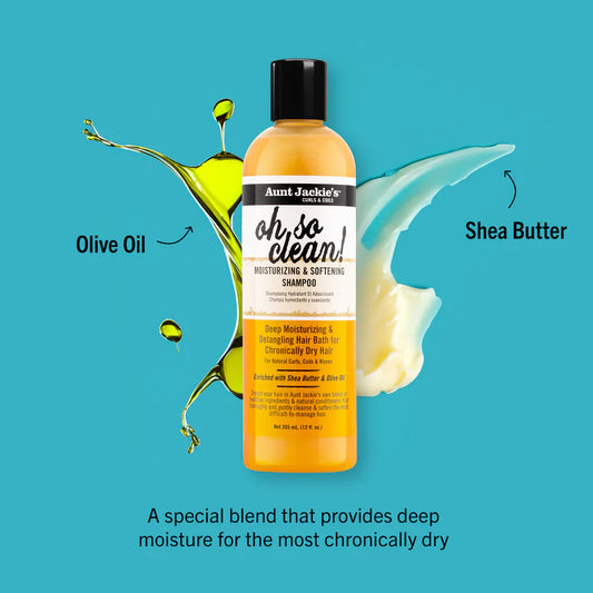 Aunt Jackie's oh so clean shampoo bottle with olive oil and shea butter graphics on a blue background