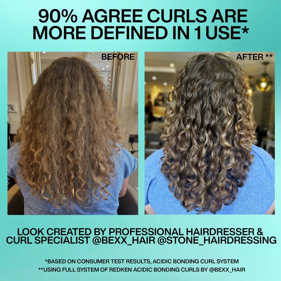 Before and after comparison of curly hair with text about product effectiveness.