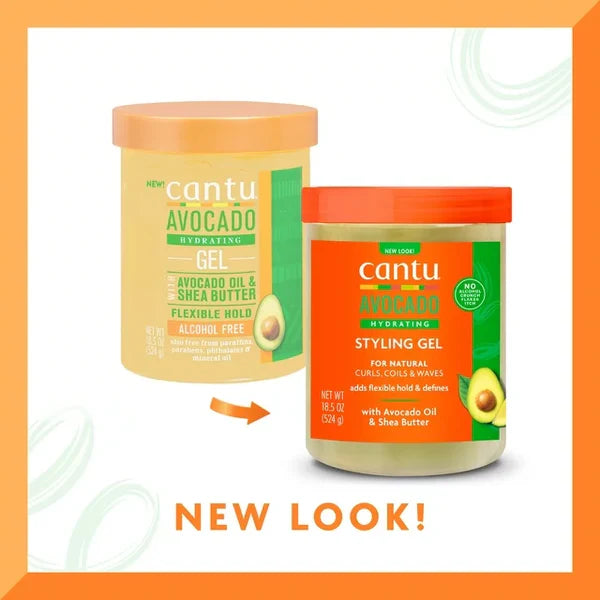 Two jars of Cantu Avocado Hydrating Gel with an orange border and 'NEW LOOK!' text.