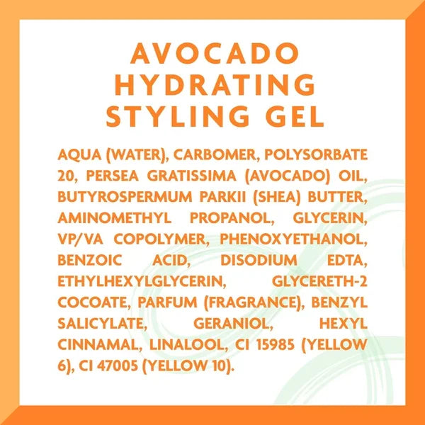 Avocado hydrating styling gel ingredients list on a white background with an orange border.