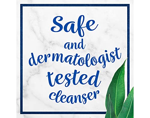 Text 'Safe and dermatologist tested cleanser' on a marble background with green leaves.