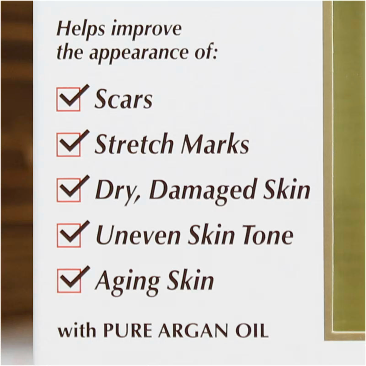 Product label with text about skin benefits and pure argan oil on a white background.
