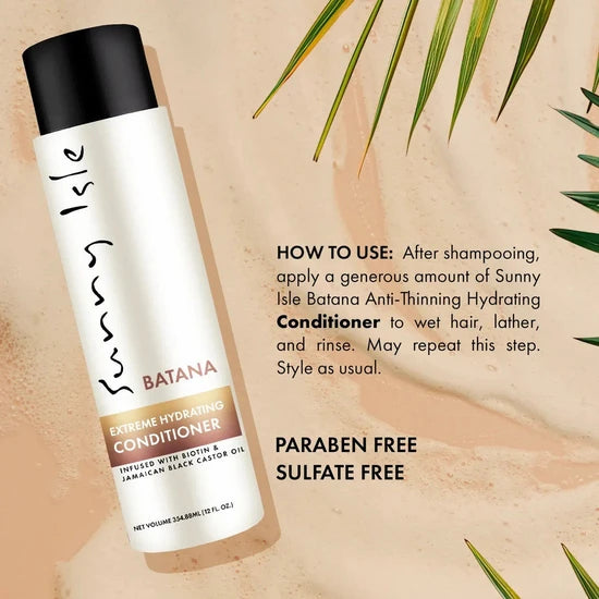 A bottle of Sunny Isle Banana Conditioner is shown on a warm beige background with decorative palm leaves and instructional text explaining how to use the conditioner.