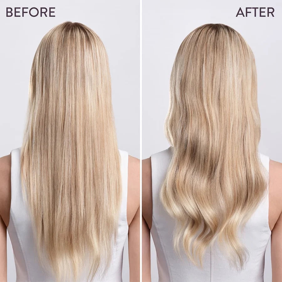 Before and after comparison of blonde hair with a white background