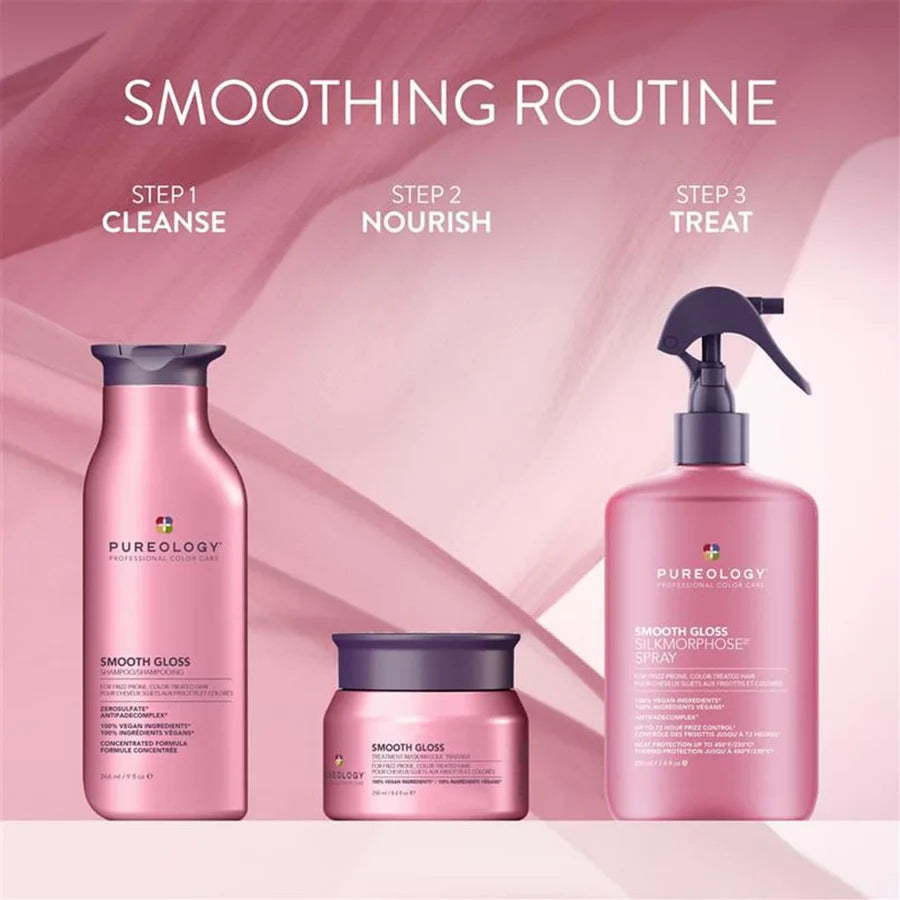 Pureology hair care products with 'Smoothing Routine' steps on a pink background