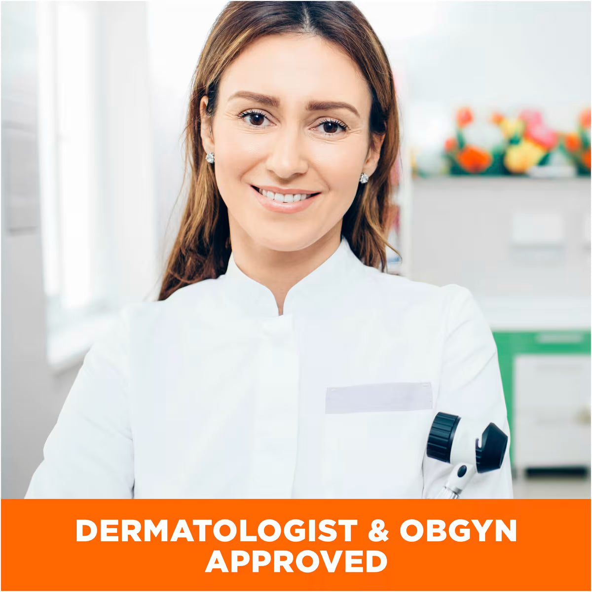 Woman in a white coat with 'Dermatologist Approved' text at the bottom.