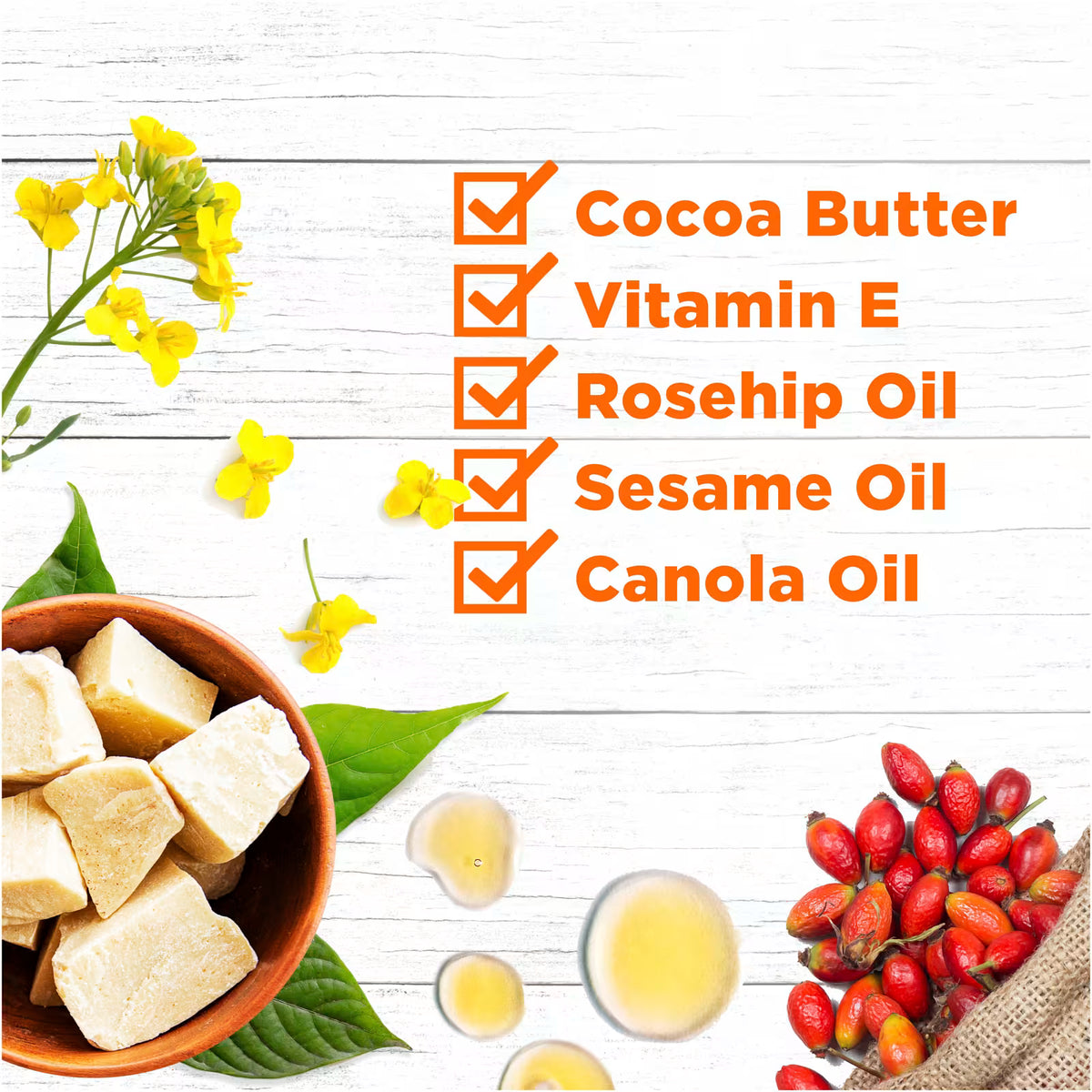 A styled ingredient graphic on a white wood background showing a bowl of pale cream-colored cocoa butter cubes, yellow rapeseed flowers, green leaves, red rosehip berries, and oil droplets next to an orange checklist reading: Cocoa Butter, Vitamin E, Rosehip Oil, Sesame Oil, and Canola Oil.