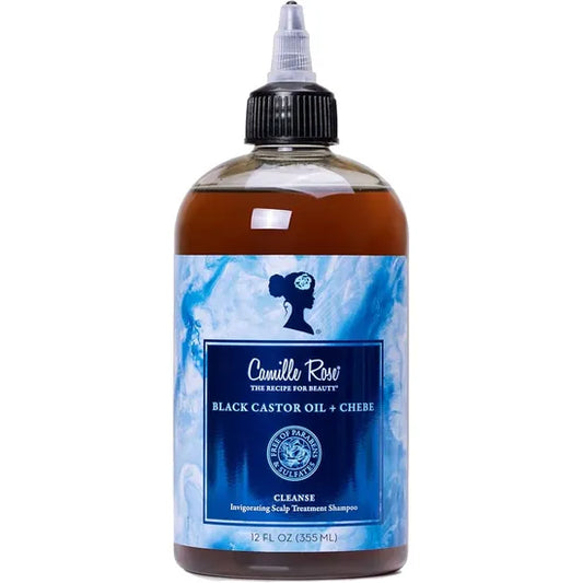 Bottle of Camille Rose Black Castor Oil + Chebé on a white background