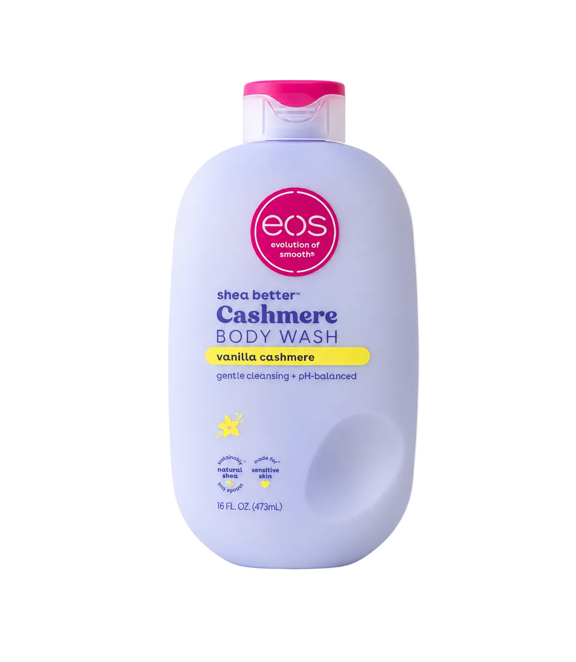 A bottle of EOS Shea Better Cashmere Body Wash in vanilla cashmere scent, shown on a clean white background with a black Well+Good Beauty Award badge in the bottom-left corner.