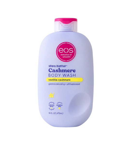 A bottle of EOS Shea Better Cashmere Body Wash in vanilla cashmere scent, shown on a clean white background with a black Well+Good Beauty Award badge in the bottom-left corner.