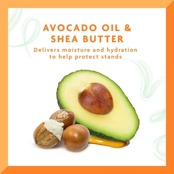 Avocado and shea butter with text about their benefits on a white background