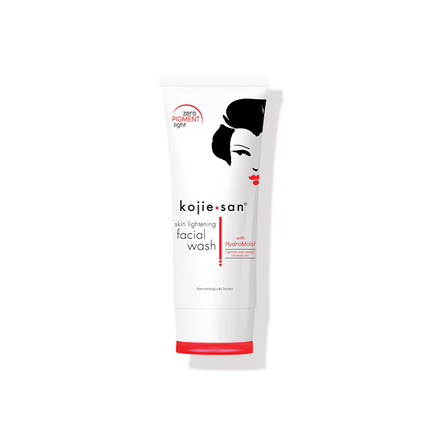 Kojie San skin lightening facial wash tube on a white background